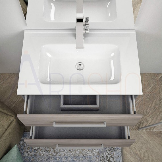 Mobile da bagno moderno sospeso 75 cm finitura larice con specchio lampada LED cassettoni soft close