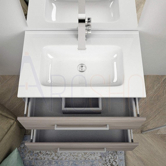 Mobile da bagno sospeso moderno 75 cm finitura larice con colonna specchio lampada LED cassettoni soft close