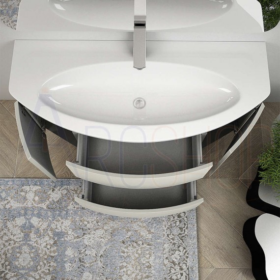 Mobile bagno sospeso 120 cm grigio natura con cassettoni soft close specchio retroilluminato LED e colonna