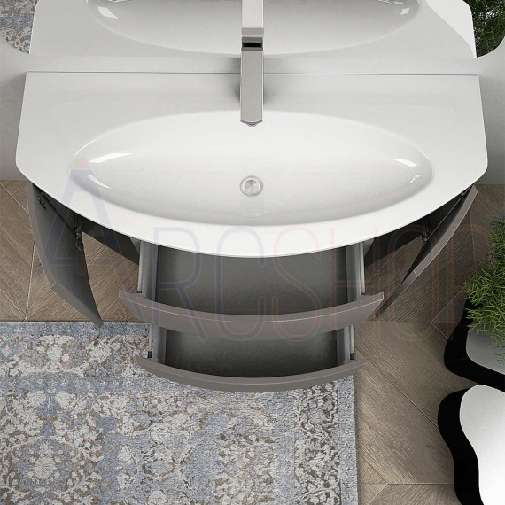 Mobile bagno grigio talpa sospeso 120 cm con specchiera cassettoni soft close lampada LED e colonna