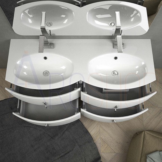 Mobile da bagno doppio lavabo bianco lucido sospeso 140 cm con specchiera lampada LED cassettoni soft close e colonna 170 tre ante