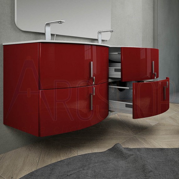 Mobile bagno moderno sospeso rosso lucido doppio lavabo 140 cm con specchiera lampada LED chiusure soft close e colonna