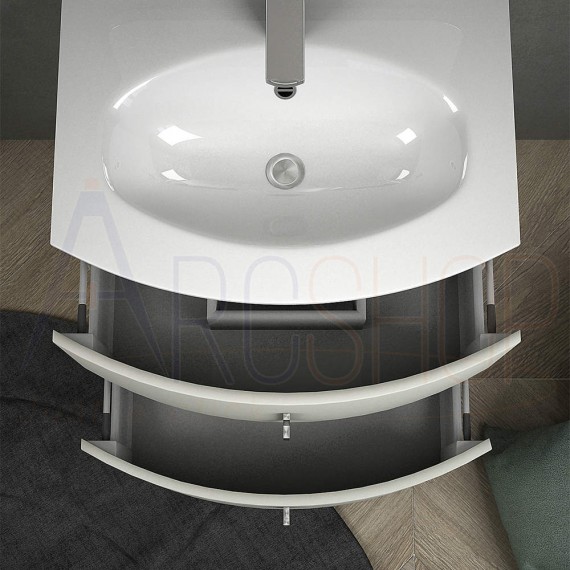 Mobile bagno curvo sospeso 70 cm grigio natura con specchio lampada LED e cassettoni soft close