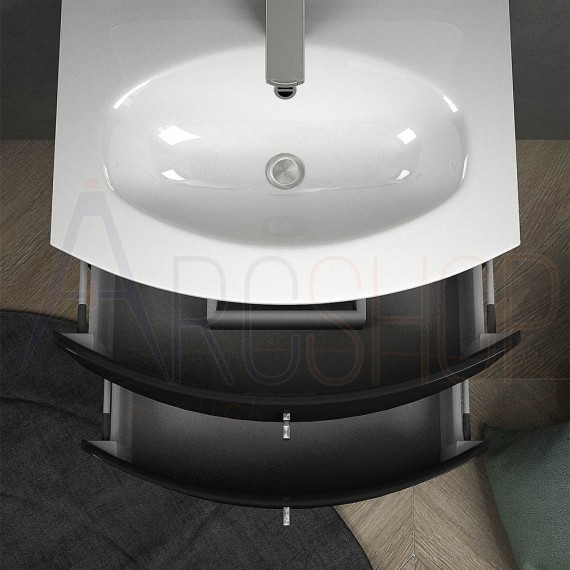 Mobile bagno 70 cm sospeso moderno nero lucido con colonna specchio lampada LED chiusure soft close