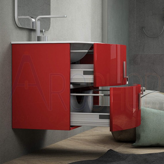 Mobile bagno rosso lucido moderno sospeso con colonna - Mod PRAGA 70