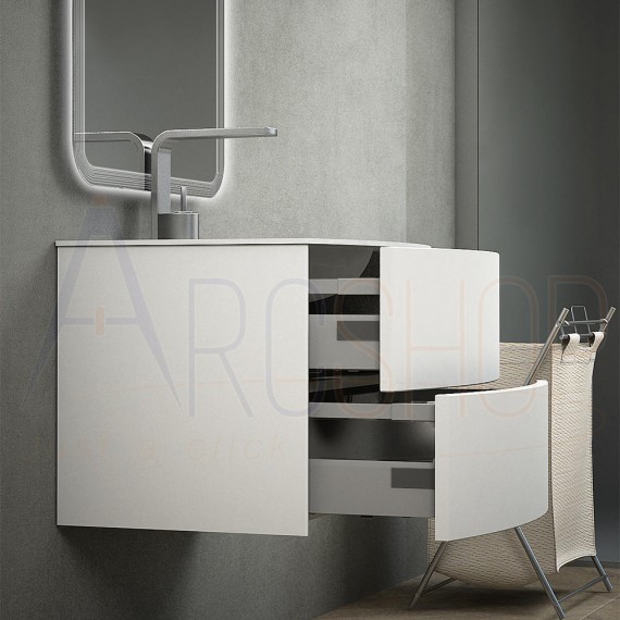 Mobile bagno bianco opaco sospeso 60 cm con lavabo solid surface specchio led touch retroilluminato cassettoni soft close