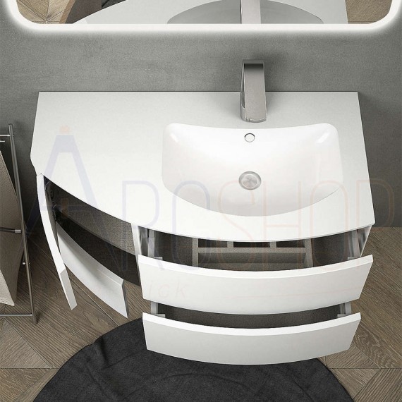 Mobile da bagno bianco opaco sospeso 90 cm con lavabo solid surface (versione destra) specchio led retroilluminato cassettoni soft close