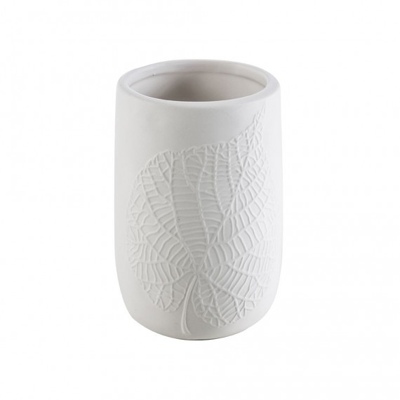 Set accessori 5 pezzi in ceramica Dispenser Bicchiere Porta sapone Vassoio e Scopino Cipì serie White Leaves