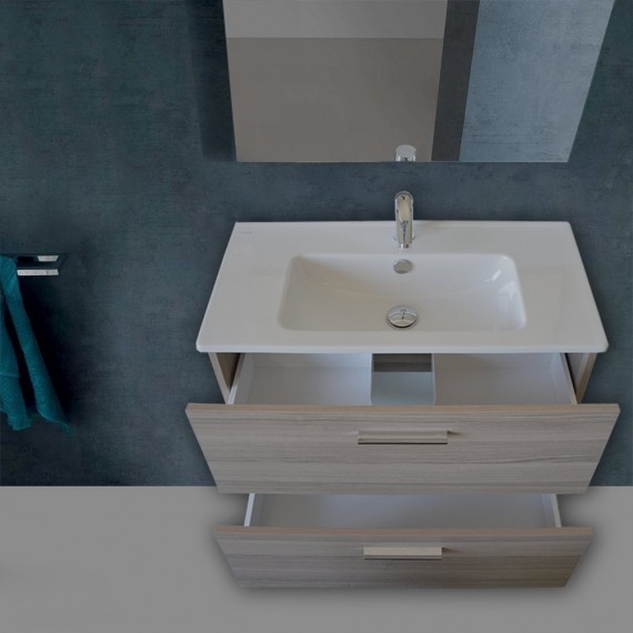 armadietto alto Set di mobili da bagno con lavabo e sifone mobiletto per lavabo San Remo con illuminazione LED bianca completo bagno moderno con specchio Udine II 