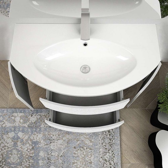 Composizione bagno curva Bianco frassino sospesa moderna 90 cm con colonna specchiera LED retroilluminata e cassettoni soft close