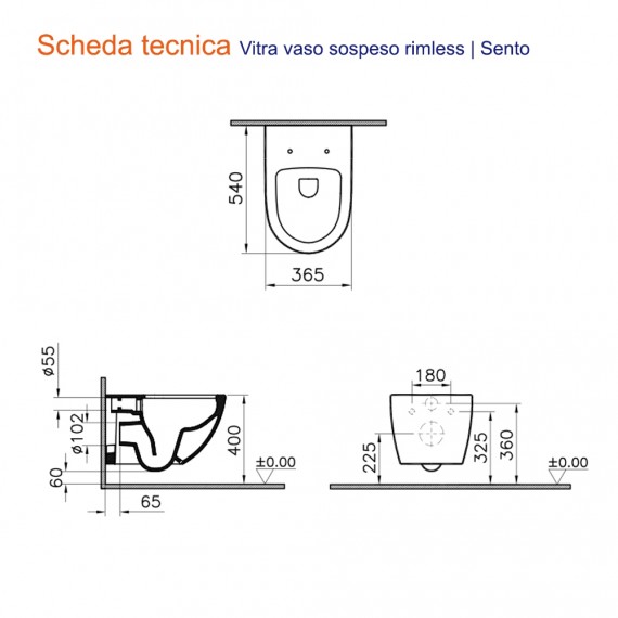 WC Vitra Sento sospeso  scarico rimless cod. 7748B003-0075