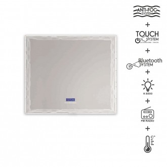 Specchio touch LED 90X90 con casse Bluetooth radio orario e temperatura anti-fog
