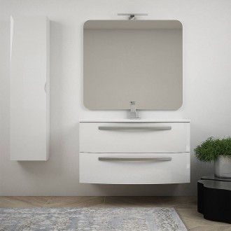 Mobile bagno curvo sospeso bianco lucido 100 cm con colonna specchio e lavabo in ceramica Mod. Berlino