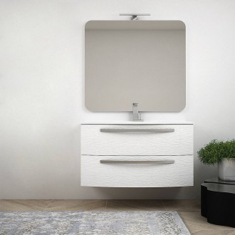 Mobile bagno sospeso moderno 100 cm curvo frassino bianco con lavabo ceramica e specchio Mod. Berlino