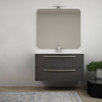 Mobile bagno curvo sospeso 100 cm grigio scuro venato con specchio e lavabo in ceramica Mod. Berlino