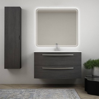 Mobile bagno sospeso 100 cm grigio scuro venato con colonna lavabo in ceramica e specchio retroilluminato Mod. Berlino