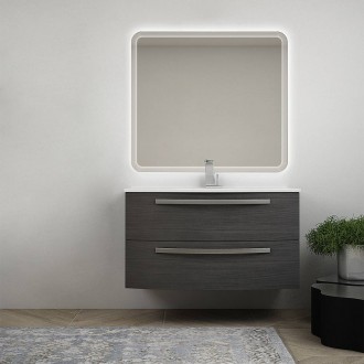 Composizione bagno sospesa 100 cm grigio scuro venato con specchio retroilluminato e lavabo ceramica Mod. Berlino