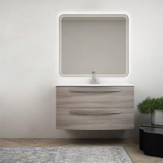 Mobile bagno sospeso moderno 100 cm larice con lavabo ceramica specchio retroilluminato Mod. Berlino