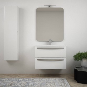 Mobile bagno bianco lucido sospeso curvo da 75 cm con specchio lavabo di ceramica e colonna da 140 cm Mod. Berlino