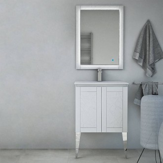 Mobile bagno bianco opaco a terra 60 cm con lavabo e specchio LED touch