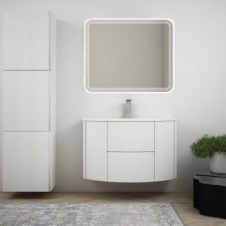 Mobile bagno Bianco frassino sospeso moderno 90 cm con colonna 170 cm cassettoni soft close e specchiera retroilluminata a LED