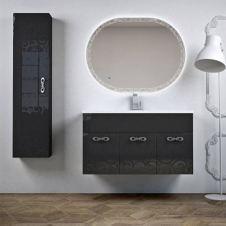 Mobile bagno nero lucido sospeso 100 cm lavorazione a rilievo con specchio retroilluminato LED intarsiato ovale e colonna