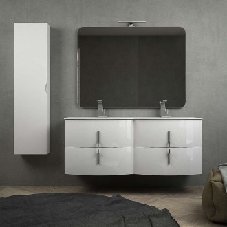 Mobile bagno doppio lavabo 140 cm bianco lucido sospeso con chiusure soft close specchio applique LED e colonna