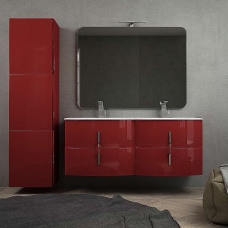 Mobile bagno sospeso rosso lucido 140 cm doppio lavabo con chiusure soft close colonna 170 cm tre ante specchio e lampada LED
