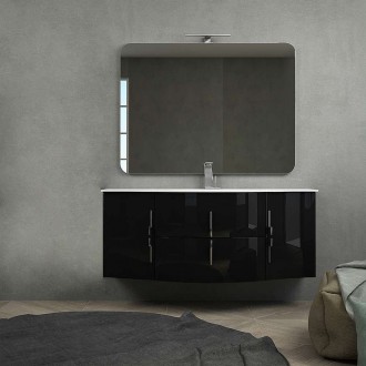 Mobile bagno nero lucido ad onda 140 cm sospeso moderno con cassettoni soft close specchiera e lampada LED