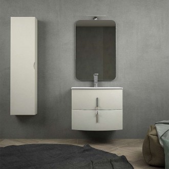 Mobile bagno grigio natura sospeso curvo 70 cm con chiusure soft close specchio lampada LED e colonna