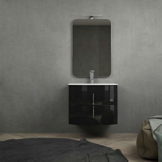 Mobile bagno nero lucido sospeso curvo 70 cm con chiusura soft close specchio e lampada LED