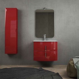 Mobile bagno rosso lucido curvo sospeso 70 cm con colonna 140 cm chiusure soft close specchio e lampada LED