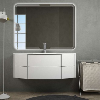 Mobile bagno sospeso bianco opaco 120 cm con lavabo solid surface cassettoni soft close e specchio led Touch retroilluminato