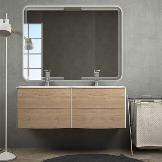 Mobile bagno sospeso doppio lavabo rovere tabacco 120 cm con specchio led Touch retroilluminato cassettoni soft close