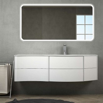 Mobile bagno bianco opaco sospeso moderno 150 cm con lavabo (DX) e sponde in solid surface chiusure soft close