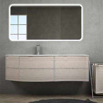 Mobile da bagno moderno sospeso 150 cm rovere sbiancato con sponde e lavabo (SX) in solid surface chiusure soft close