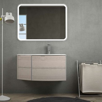 Mobile bagno curvo sospeso 90 cm rovere sbiancato con cassettoni soft close lavabo (versione destra) e specchio con led retroilluminante