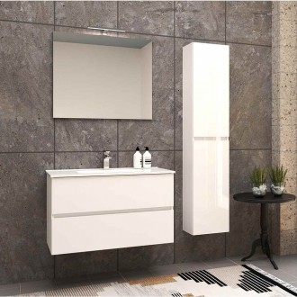 Mobile da bagno con colonna e specchio sospeso 90 cm bianco lucido con colonna