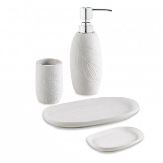 Set accessori 4 pezzi Cipì serie White Leaves in ceramica Dispenser Bicchiere Porta sapone e Vassoio