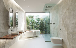 Bagno moderno con pavimento bianco, vasca da bagno bianca, wc bianco e doccia a vetri