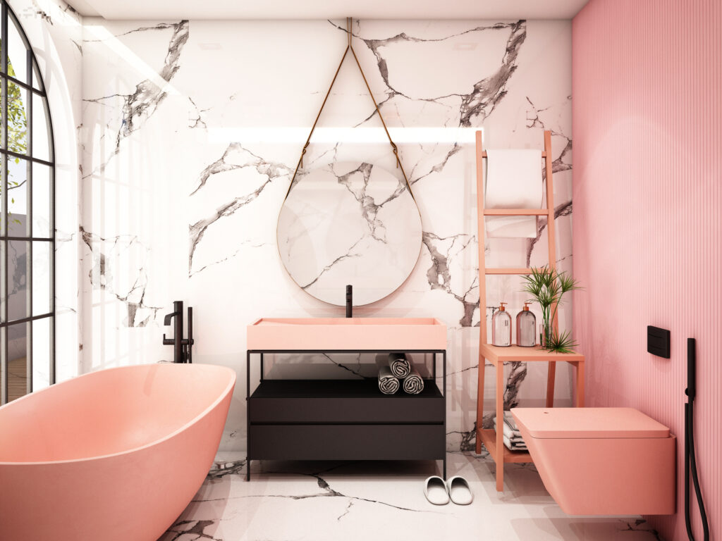 Bagno con vasca da bagno rosa, wc rosa e lavabo rosa con parete in marmo bianco e nero